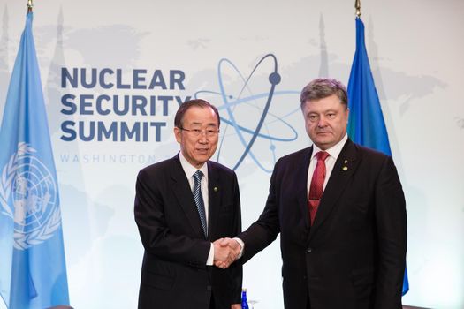 WASHINGTON D.C., USA - Apr 01, 2016: President of Ukraine Petro Poroshenko during a meeting with UN Secretary General Ban Ki-moon on the Nuclear Security Summit in Washington 