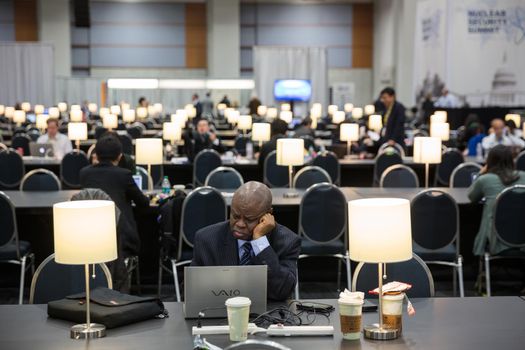 WASHINGTON D.C., USA - Mar 31, 2016: Nuclear Security Summit. Working moments in the summit press center