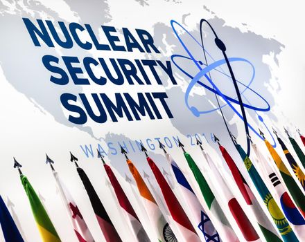 WASHINGTON D.C., USA - Apr 01, 2016: Logo and flags of participating countries of the Nuclear Security Summit which is a world summit, aimed at preventing nuclear terrorism around the globe