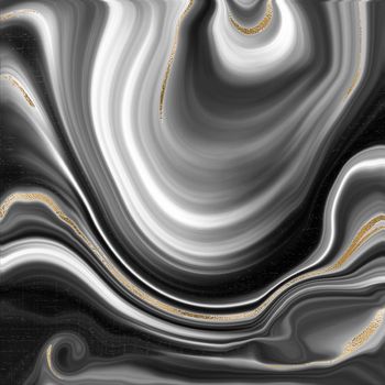 Liquid abstract marble agate background with gold glitter splatter texture. Fluid marbling effect with gold vein. Black and white background. Illustration