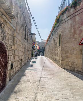 Ancient walls in Armenian street in Jerusalem Old City