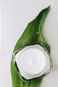 Natural moisturising cream jar on green leaves as beauty flatlay, spa cosmetics and skincare closeup