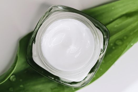 Natural moisturising cream jar on green leaves as beauty flatlay, spa cosmetics and skincare closeup