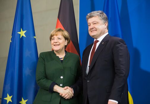 BERLIN, GERMANY - Jan 30, 2017: Chancellor of the Federal Republic of Germany Angela Merkel during a joint briefing with President of Ukraine Petro Poroshenko