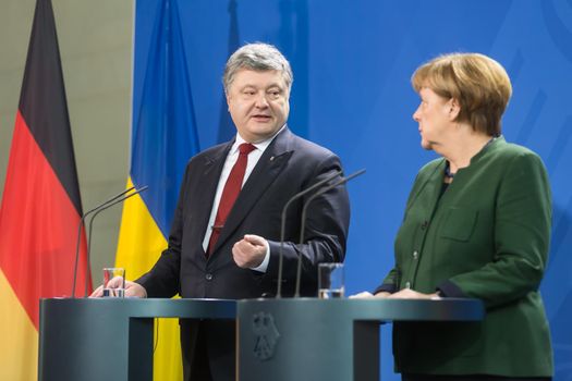BERLIN, GERMANY - Jan 30, 2017: Chancellor of the Federal Republic of Germany Angela Merkel during a joint briefing with President of Ukraine Petro Poroshenko