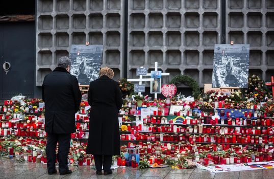 BERLIN, GERMANY - Jan 30, 2017: President of Ukraine Petro Poroshenko and German Chancellor Angela Merkel visited the place of tragedy, which occurred in the center of western Berlin December 19, 2016