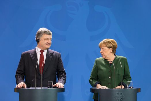 BERLIN, GERMANY - Jan 30, 2017: Chancellor of the Federal Republic of Germany Angela Merkel during a joint briefing with President of Ukraine Petro Poroshenko