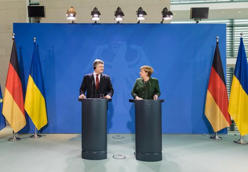 BERLIN, GERMANY - Jan 30, 2017: Chancellor of the Federal Republic of Germany Angela Merkel during a joint briefing with President of Ukraine Petro Poroshenko