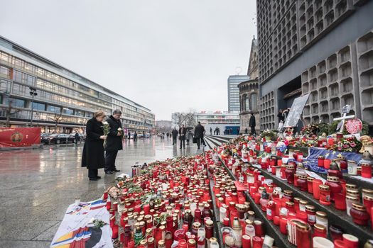 BERLIN, GERMANY - Jan 30, 2017: President of Ukraine Petro Poroshenko and German Chancellor Angela Merkel visited the place of tragedy, which occurred in the center of western Berlin December 19, 2016