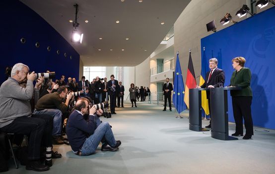 BERLIN, GERMANY - Jan 30, 2017: Chancellor of the Federal Republic of Germany Angela Merkel during a joint briefing with President of Ukraine Petro Poroshenko