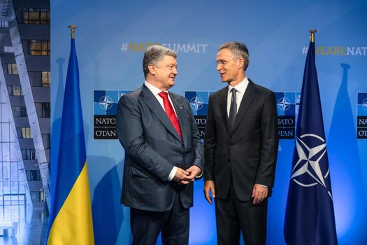 BRUSSELS, BELGIUM - Jul 12, 2018: Ukrainian President Petro Poroshenko and NATO Secretary General Jens Stoltenberg during NATO military alliance summit in Brussels