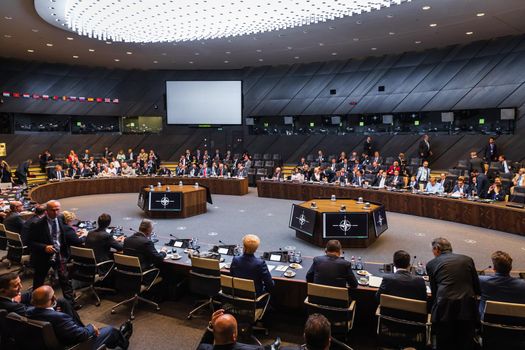 BRUSSELS, BELGIUM - Jul 12, 2018: NATO military alliance summit. World leaders during a meeting of the North Atlantic Treaty Organization summit in Brussels