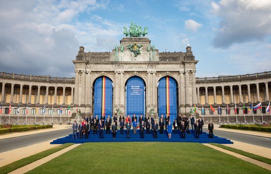 BRUSSELS, BELGIUM - Jul 11, 2018: Group photo of participants of the NATO military alliance summit in Brussels