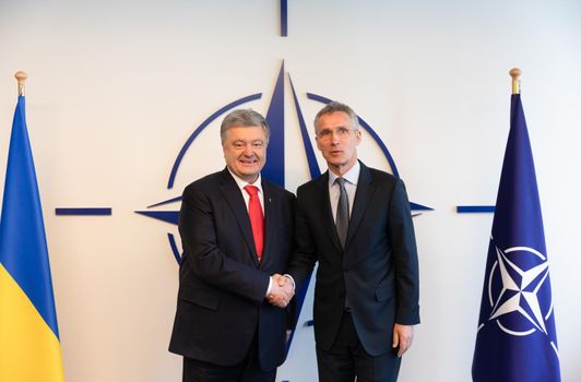 BRUSSELS, BELGIUM - May 13, 2019: Ukrainian President Petro Poroshenko and NATO Secretary General Jens Stoltenberg during a meeting at NATO headquarters in Brussels