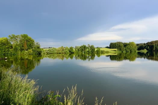 Peaceful country scene - pond in the early evening light, Horni meziricko, South Bohemia, Czech Republic