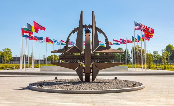 BRUSSELS, BELGIUM - May 13, 2019: Nato star sculpture in Brussels. NATO Headquarters - Political and Administrative Center for the North Atlantic Alliance