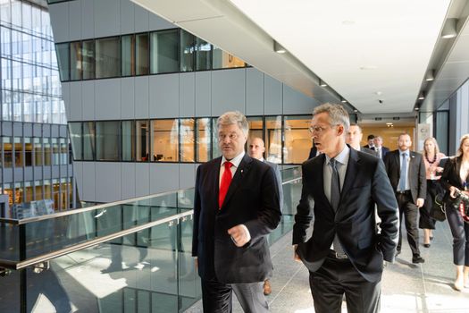 BRUSSELS, BELGIUM - May 13, 2019: Ukrainian President Petro Poroshenko and NATO Secretary General Jens Stoltenberg during a meeting at NATO headquarters in Brussels
