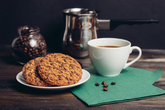 coffee cup cookies dessert breakfast wooden table sweets. High quality photo