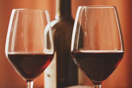 Traditional red house wine served in crystal glasses, closeup