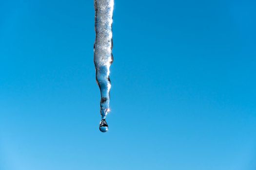 Icicles melt and drip in the spring against the blue sky.Meteorology, global warming, and melting snow and ice. Water dripping against the sky.