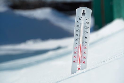 In winter or spring the thermometer lies on the snow and shows a negative temperature in cold weather.Meteorological conditions with low air and ambient temperatures.Climate change and global warming