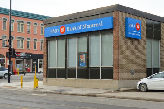 SMITHS FALLS, ONTARIO, CANADA, MARCH 10, 2021: View of the BMO Bank of Montreal downtown Smiths Falls, ON.