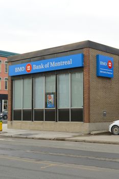SMITHS FALLS, ONTARIO, CANADA, MARCH 10, 2021: View of the BMO Bank of Montreal downtown Smiths Falls, ON.