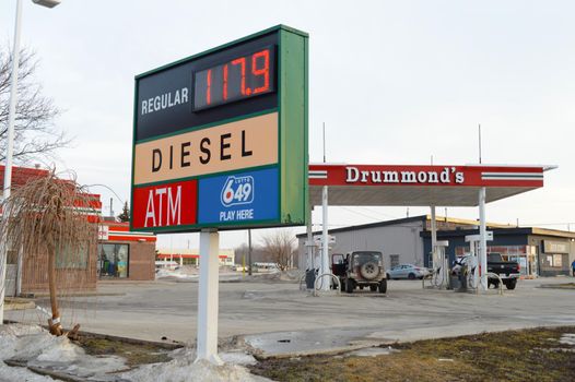 SMITHS FALLS, ONTARIO, CANADA, MARCH 10, 2021: View of the Drummonds Gas Station detailing the price of fuel on this day in small town Smiths Falls, ON.