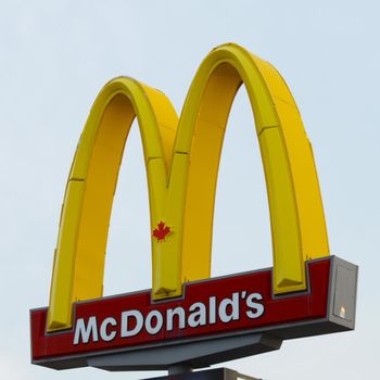 SMITHS FALLS, ONTARIO, CANADA, MARCH 10, 2021: A closeup view of the McDonalds restaurant sign located downtown Smiths Falls, ON.