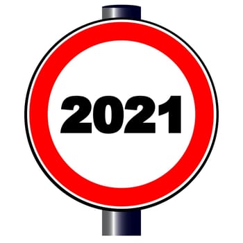 A large round red traffic sign displaying the year 2021 date logo.