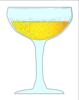 A glass of champagne in gold with bubbles all on a white background