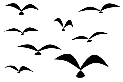 An abstract flock of birds in silhouette over a white background