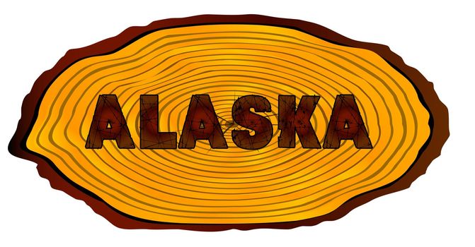 A section of a sawn log with the words ALASKA over a white background