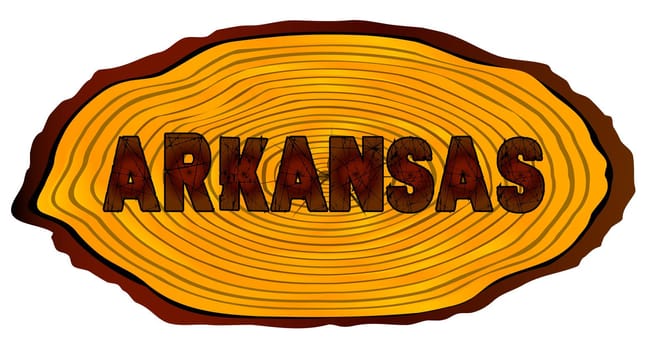 A section of a sawn log with the words ARKANSAS over a white background