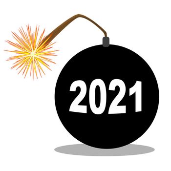 A traditional cartoon style bomb with lit fuse with the date of 2021 isolaterd over white