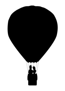 A silhouette of a hot air balloon floating away with a couple in the basketover a white background