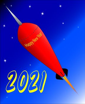 A retro look rocket ship with the message 'Happy New Year 2021'.
