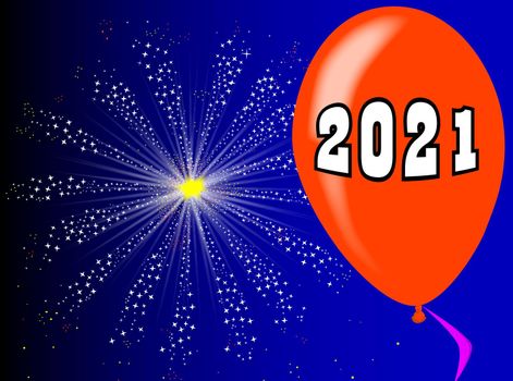 A flyaway red balloon with a skyrocket explosion with fallout and the year 2021