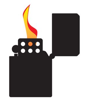 A typical open and ignitied cigarette lighter with flame in silhouette