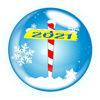 A crystal ball over a winter scene background with a North Pole sign declaring 2021