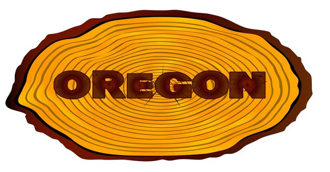 A section of a sawn log with the words OREGON over a white background