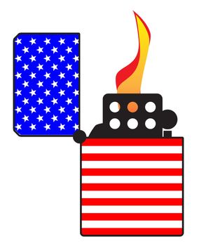 A typical open and ignitied cigarette lighter with a United States of America Old Glory flag motif