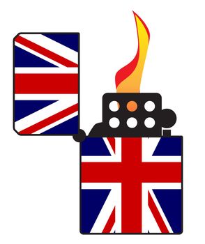 A typical open and ignitied cigarette lighter with a UK Union Jack flag motif
