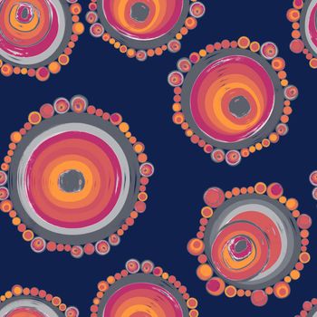 Geometric seamless pattern,texture with perfectly contacting nested circles with different size colors.Repeating pattern with circles filled with dots.For textile,wrapping paper,banner.Peach on blue.