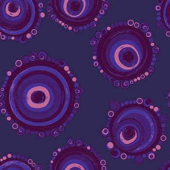 Geometric seamless pattern,texture with perfectly contacting nested circles with different size colors.Repeating pattern with circles filled with dots.For textile,wrapping paper,banner.Purple on blue.
