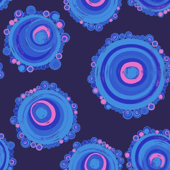 Geometric seamless pattern,texture with perfectly contacting nested circles with different size colors.Repeating pattern with circles filled with dots.For textile,wrapping paper,banner.Azure on lilac.