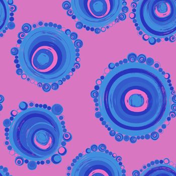 Geometric seamless pattern,texture with perfectly contacting nested circles with different size colors.Repeating pattern with circles filled with dots.For textile,wrapping paper,banner.Azure on pink.