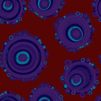 Geometric seamless pattern,texture with perfectly contacting nested circles with different size colors.Repeating pattern with circles filled with dots.For textile,wrapping paper,banner.Blue burgundy.