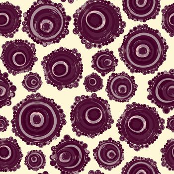 Geometric seamless pattern,texture with perfectly contacting nested circles with different size colors.Repeating pattern with circles filled with dots.For textile,wrapping paper,banner.Burgundy white.