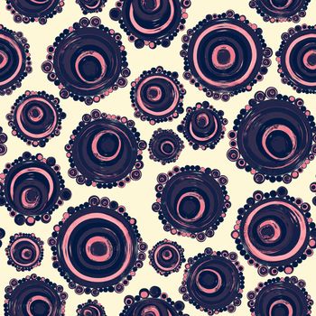Geometric seamless pattern,texture with perfectly contacting nested circles with different size colors.Repeating pattern with circles filled with dots.For textile,wrapping paper,banner.Gray on white.